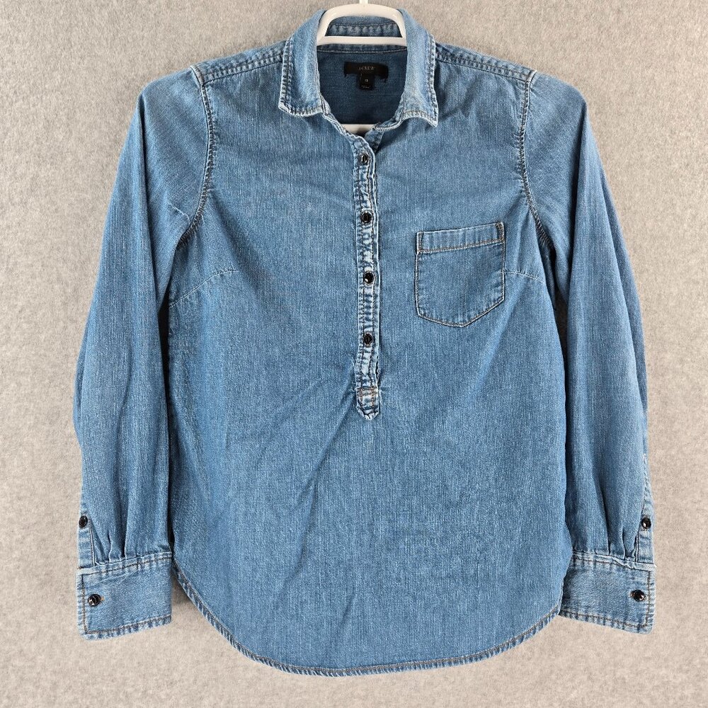 J Crew Popover Top Womens Size 10 Popover Shirt Blouse Chambray Denim Button